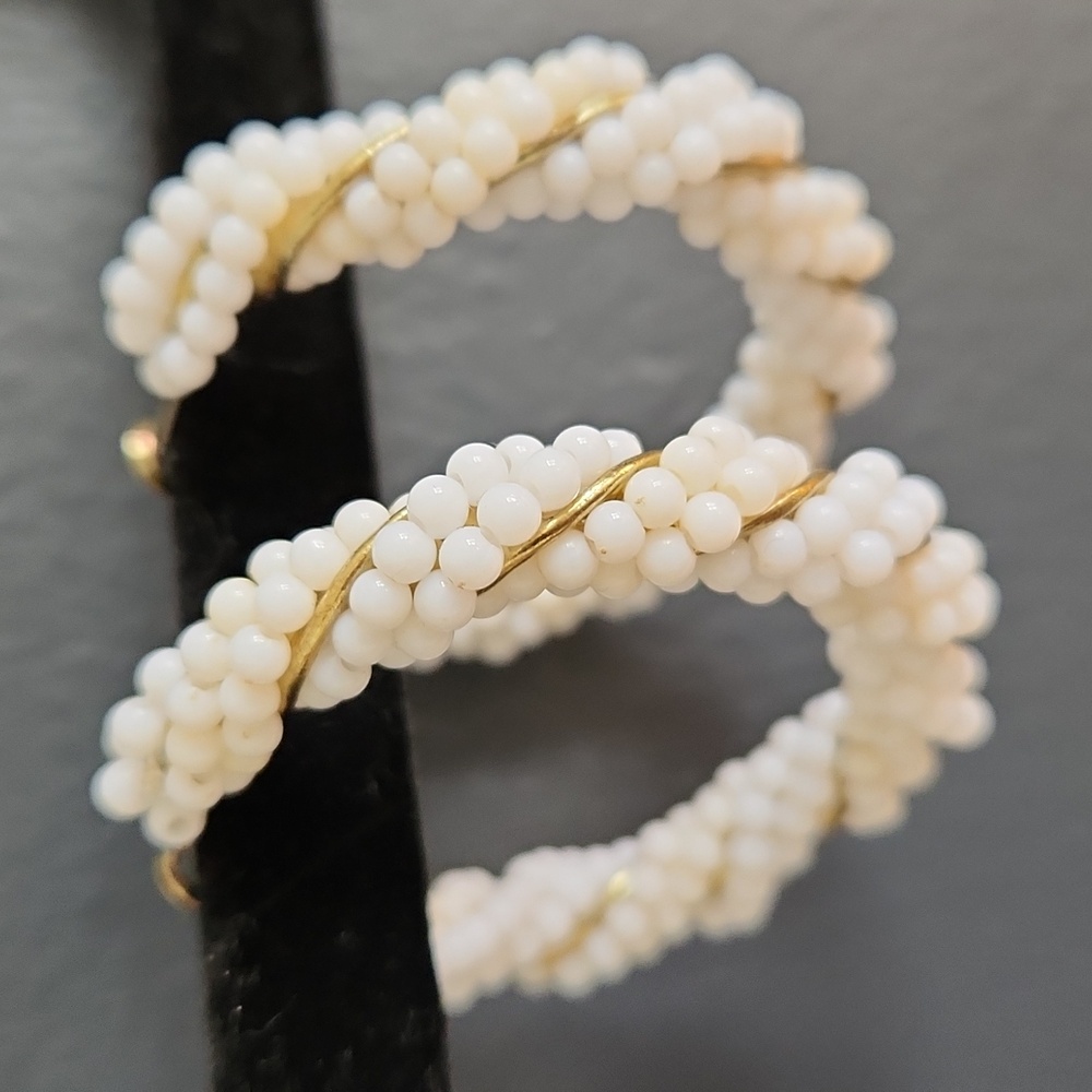 White beaded and gold hoop earrings